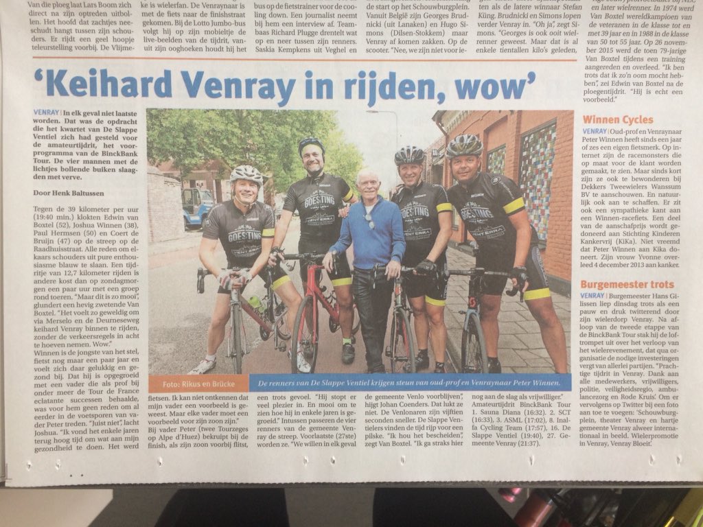 Mooi artikel waar je trots op mag zijn, dank zij de vele vrijwilligers waaronder <a href="/pielhaan/">CV de Piëlhaan</a> en andere is de ploegentijdrit voor de amateurs <a href="/bincktourvenray/">binckbanktourvenray</a> mogelijk en natuurlijk <a href="/Gemeente_Venray/">Gemeente_Venray</a> en <a href="/PeelenMaas1880/">Peel en Maas Venray</a>