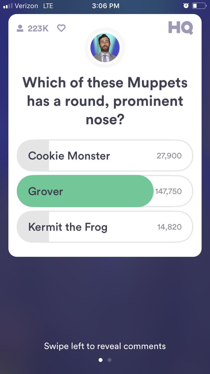 FancyFootloose1's tweet photo. When your most favorite muppet ever is an HQ answer! #groverrules @hqtrivia @Grover https://t.co/LDx5i6DnJc