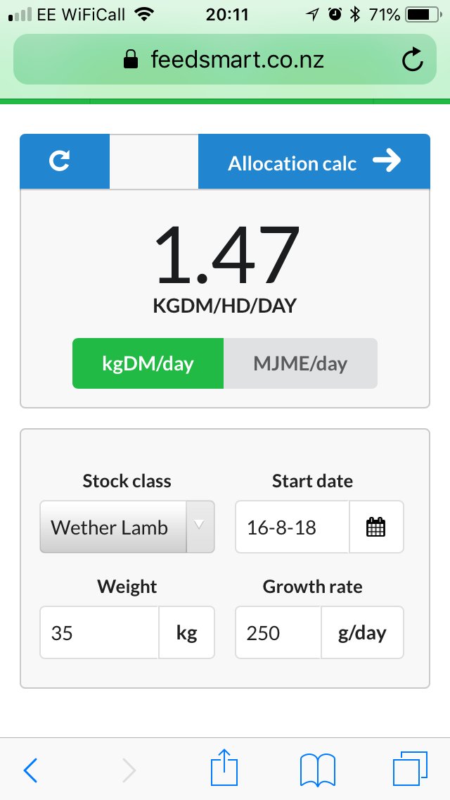 PrecisionGraze's tweet image. NZ Feedsmart App.  25kg growth x 30 days + 350kg/ha available (1300kg residual) = 1100kgDM/ha total  Weather lamb growing at 250g/day requires 1.4kg. 
#handyapp #cleverkiwis