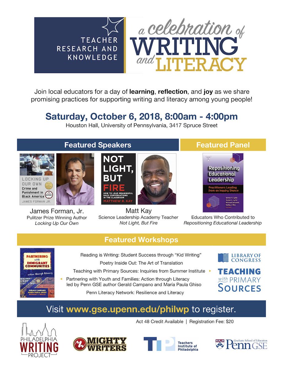 PhilWP86's tweet photo. @CenterForMSIs @TIPatPenn @upenn @MightyWriters @PennGSE @PennLitNetwork And here’s a link directly to our Celebration of Writing and Literacy registration page: https://t.co/L4mA0P89vI https://t.co/eOPe6nxK3W