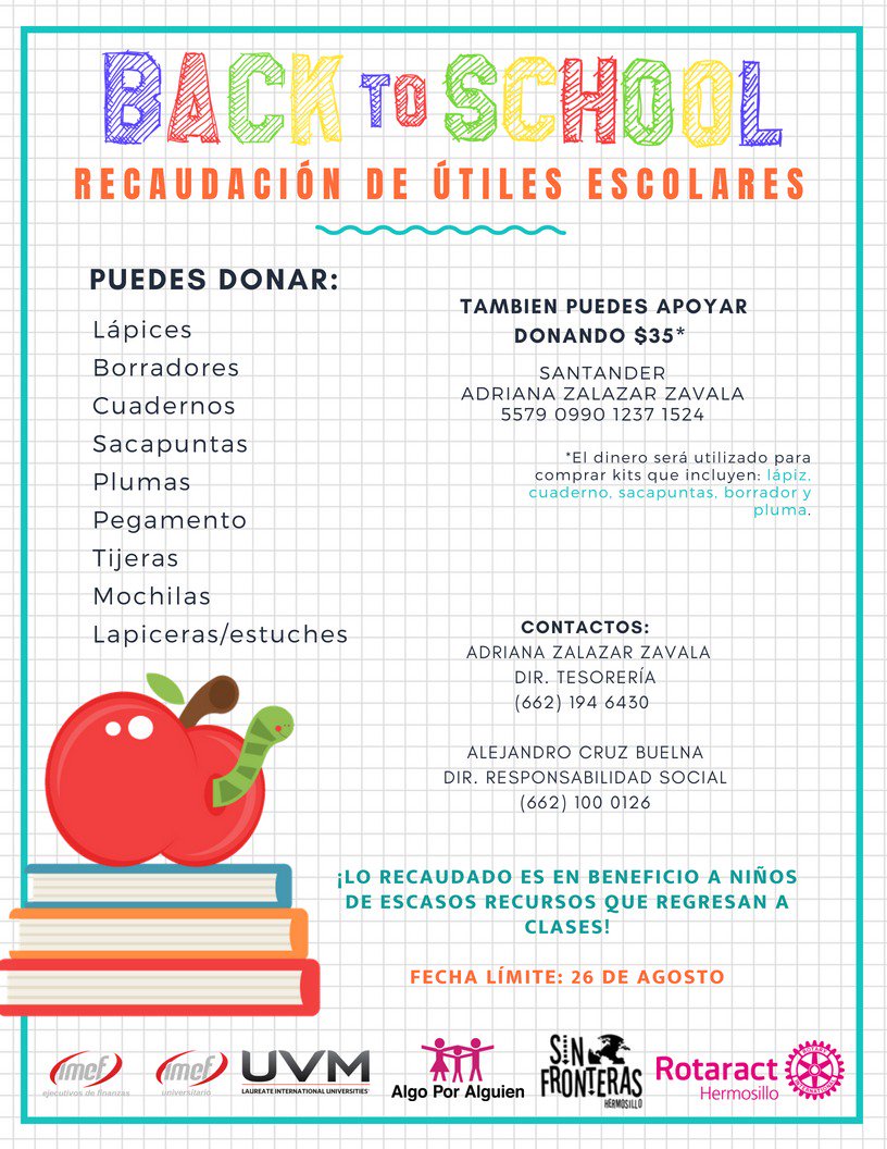 rotaracthmo's tweet photo. Los invitamos a participar en la Colecta de Útiles Escolares que estamos realizando con @imefu_uvmherm @SinFronterasHmo y @AlgoPorxAlguien ¡Ayúdanos a ayudar! 📚✏ https://t.co/Ov9IWSaPzM