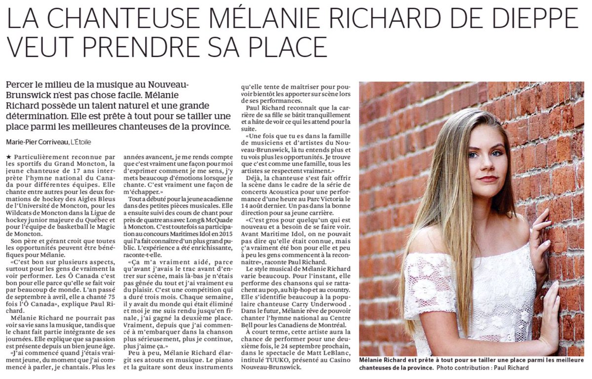 mel_richard1's tweet photo. #MerciBeaucoup @mariecoco1993 et @EtoileNB !!
(page 5 Kent, page 6 Sud-Est)
LA CHANTEUSE MÉLANIE RICHARD VEUT PRENDRE SA PLACE
Percer le milieu de la musique au Nouveau-Brunswick n’est pas chose facile. Mélanie Richard possède un talent naturel et une grande détermination ... https://t.co/z0lK68FvBJ