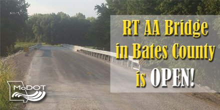 MoDOT_Southwest's tweet photo. Route AA Bridge in #BatesCo over Mormon Fork Creek north of #Adrian is now OPEN! This bridge was closed the week of June 18 as a rehab project. The driving surface was replace with a new, slightly wider deck. The RT AA bridge was opened yesterday, Wednesday, August 15th. #MoDOTSW https://t.co/xK2vDQhFWv