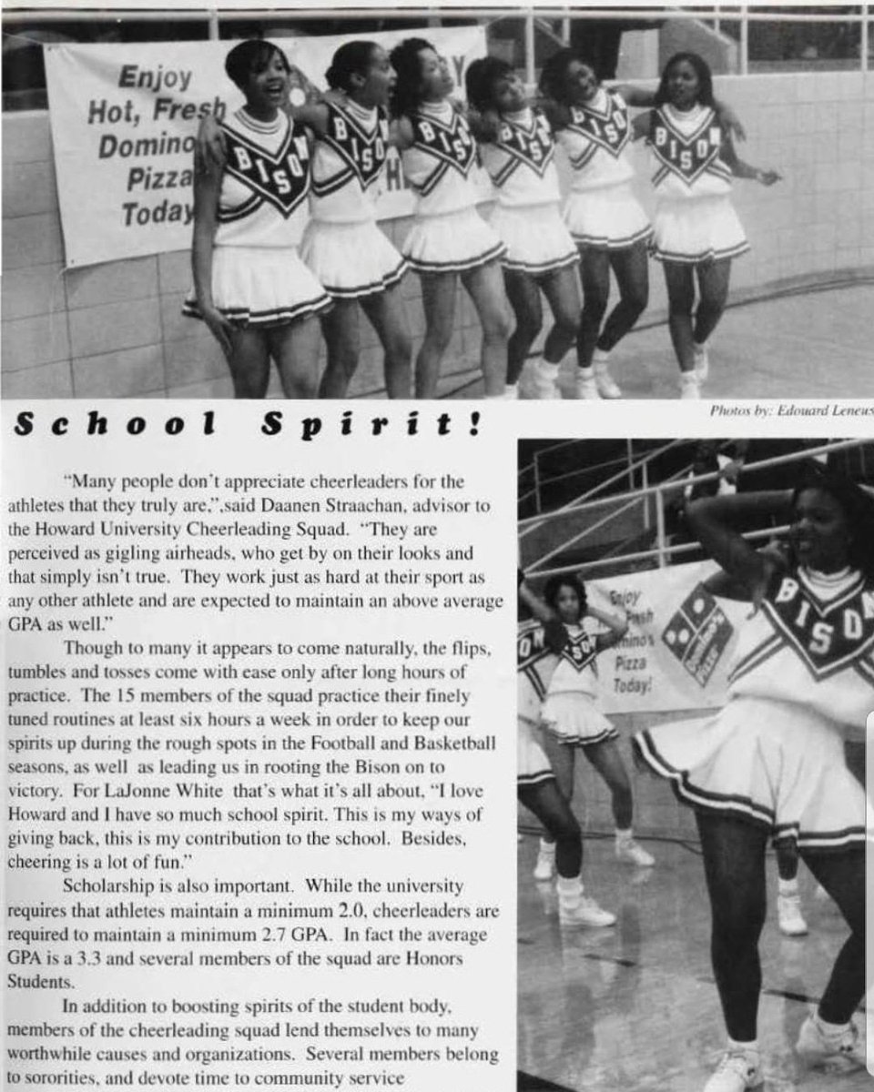 HUBisonSports's tweet photo. Shout out to @howardcheer for bringing the Spirit to athletic events for over 7 decades💙❤! Throwing it back to this 1998 yearbook courtesy of @moorlandhu.  #BleedBlue #TBT #ThrowbackThursday #Cheer #cheerleading #cheerleaders https://t.co/QwiNpp7PZ4