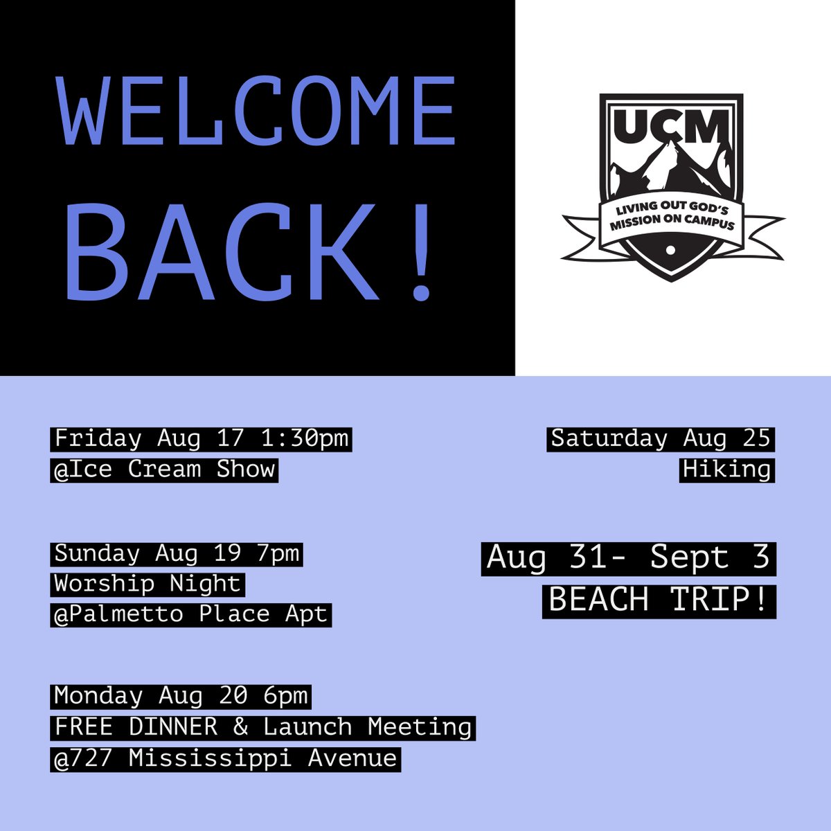 UCMission's tweet image. With the new school year kicking off we've got lots of chances these first 2 weeks for you to connect with the UCM family!