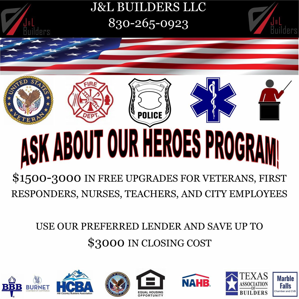 JLBuilders2217's tweet image. Ask about our #heroesprogram that gives back to #firefighters #ems #police #teachers #veterans #cityemployees. #customhomebuilder #texascommunity #teamofveterans #burnet #hillcountry