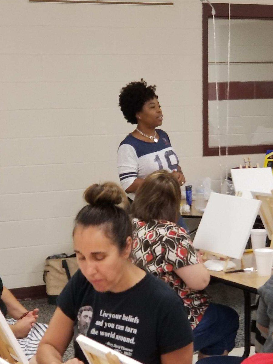 WeAreBTWE's tweet photo. @WeAreBTWE Staff getting to know each other’s artistic sides with Paint Night. Thanks “Painting with Quay” for helping us create! #spsk12proud @ChanelBryant4 @BernetteBrock @k_nierman @WhitenerChristy @stace208 https://t.co/HVnslkVcwn