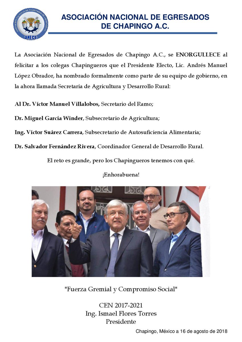 ANECh_Oficial's tweet photo. La #ANECh felicita a los colegas Dr. Victor Villalobos A. @vmva1950, Dr. Miguel García W. @mgwmex, Ing. Víctor Súarez C. @victor_suarez y al Dr. Salvador Fernández Rivera, por sus respectivos nombramientos al frente de la Secretaría de Agricultura y Desarrollo Rural. https://t.co/h3CATETUOT