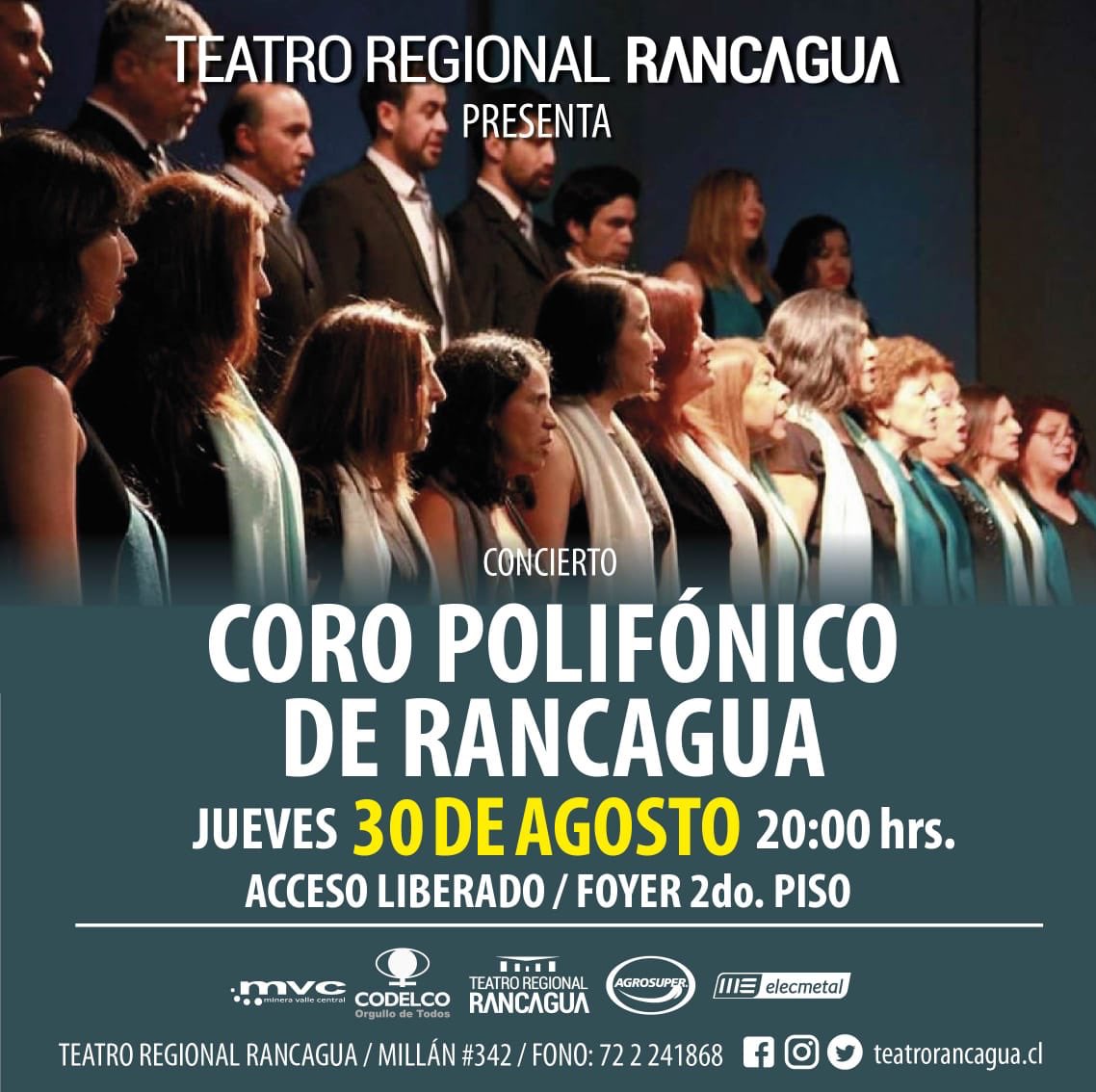 EleomarCuello's tweet photo. Este próximo jueves 20hrs!! Concierto del Coro Polifónico de Rancagua Acceso Liberado @Eduardo32142230 @alcaldesoto @TeatroRancagua @munirancagua @redcoralchile @Casaculturargua @elrancaguino @elcachapoal @corosdechile @CulturaRancagua https://t.co/8edRsnMjLB