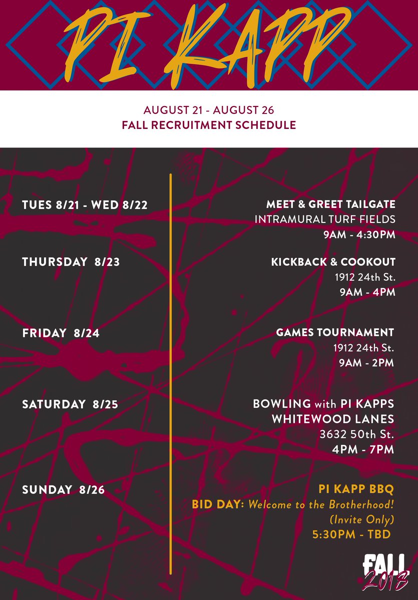 Hey y'all! The Epsilon Omega chapter is gearing up and excited to meet all of you next week. Here is a run down for our events during Rush Week starting with our Meet &amp; Greet August 21st!
#RushPiKapp