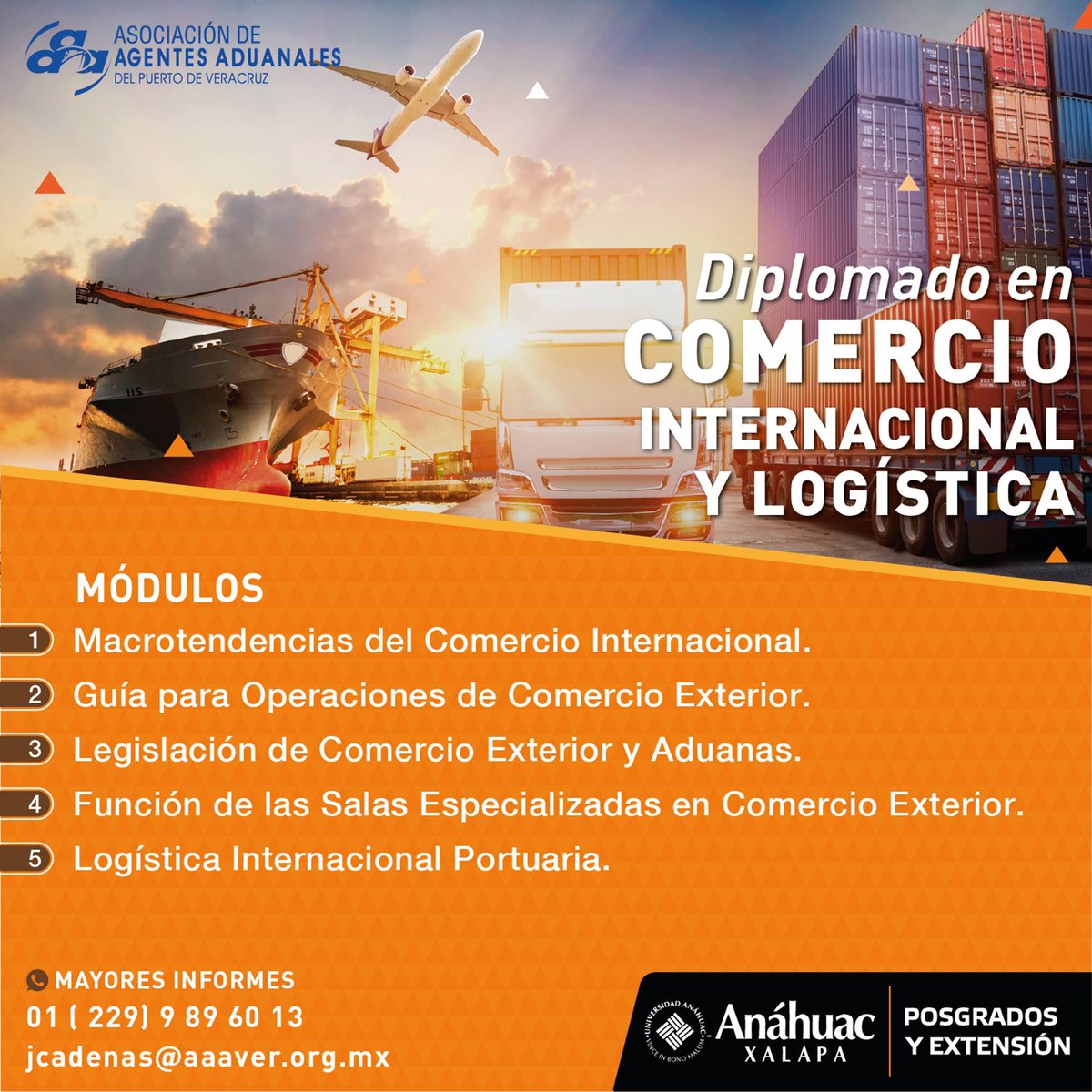 AAAPVER's tweet photo. #AAAPVER en alianza con la @anahuacxalapa se complace en invitarlos al "Diplomado en Comercio Exterior y Logística" impartido por catedráticos certificados. Te esperamos. Mayores informes al 2299896013. https://t.co/3trSBjJRIS
