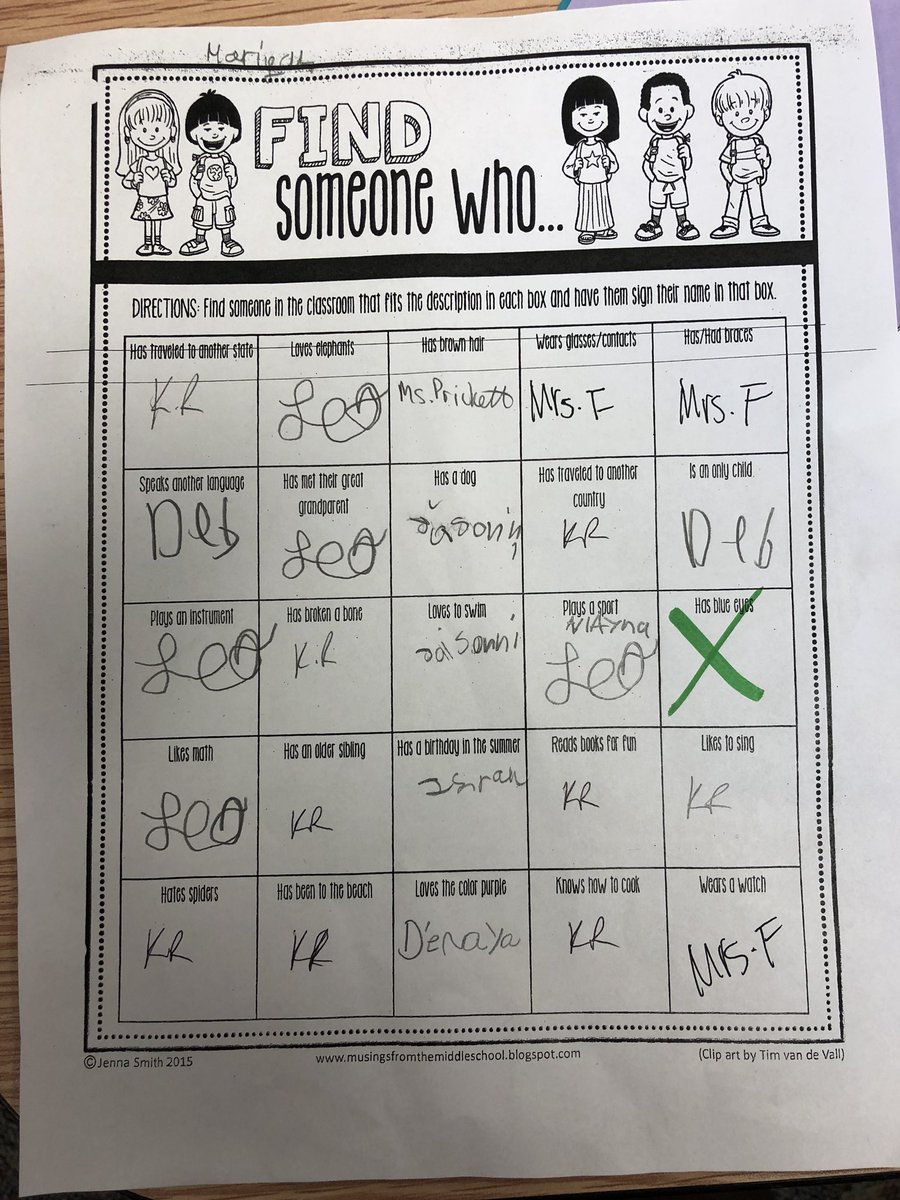 katie_korando's tweet photo. “Find Someone Who” getting to know you activity! Day 2. Great day in third grade!!! @CEeagles https://t.co/Y09xCt6qdc