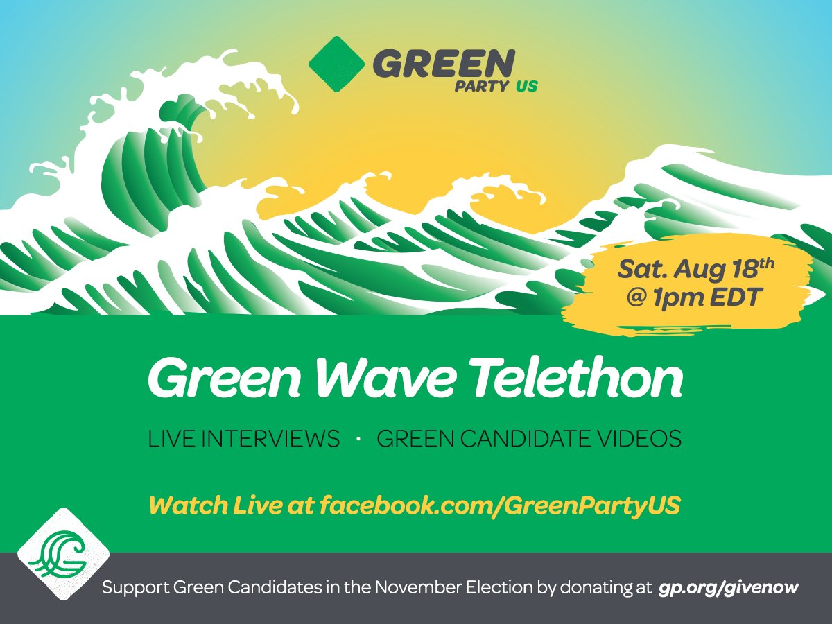 GreenPartyUS's tweet photo. Watch our national #GreenWaveTelethon this Sat, 8/18/18 at 1pm ET: https://t.co/JeLWAs3f5H! LIVE interviews from Green candidates: @HowieHawkins, Andrew Saturn, @iSchlakman, Sherry Wells &amp; more! Hosted by @DavidKCobb @philena &amp; @erin_fox_rocks. Donate: https://t.co/VmBxmpPyG1 https://t.co/Em9rRwOLLL