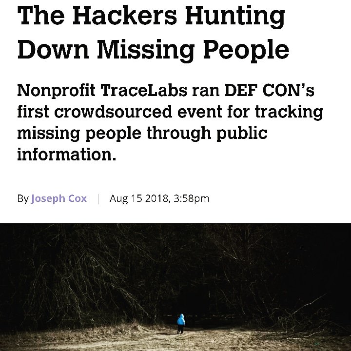 Nick_Aleks's tweet image. Hackers help find missing people.

Hackers from @defcon_toronto in collaboration with @TraceLabs ran the first ever open source intelligent CTF event dedicated to gathering information on missing persons cases.