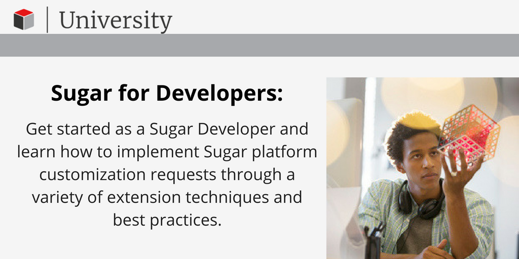 SugarCRM's tweet photo. Here is your chance to get started as a Sugar Developer! Register for our free online course now: https://t.co/xwMrVYMVEb #SugarU #CRMdev https://t.co/1Xz8QDKfyd