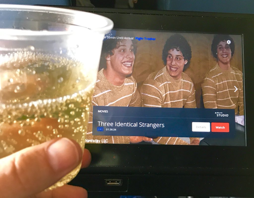 Congrats to #ThreeIdenticalStrangers @ttwardle @Becky__Read @dimitriRAW @CNNFilms and @NEONrated on crossing $10M at the box office. Only a movie this unbelievable, remarkable and amazing could do such a thing. Plastic cup bubbly toast & inflight movie courtesy of @Delta.