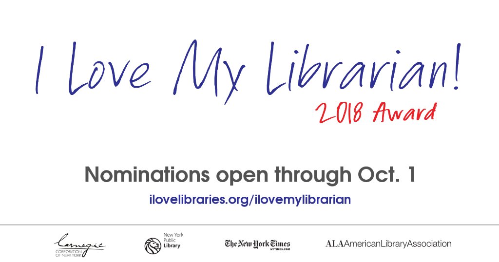 aasl's tweet photo. .@ALALibrary’s #ILoveMyLibrarian Award is a great opportunity to show the world how school librarians make a difference every day! These free tools can help you publicize the award in your community:  https://t.co/vj5P6e0STj https://t.co/W7BJpG2SlG