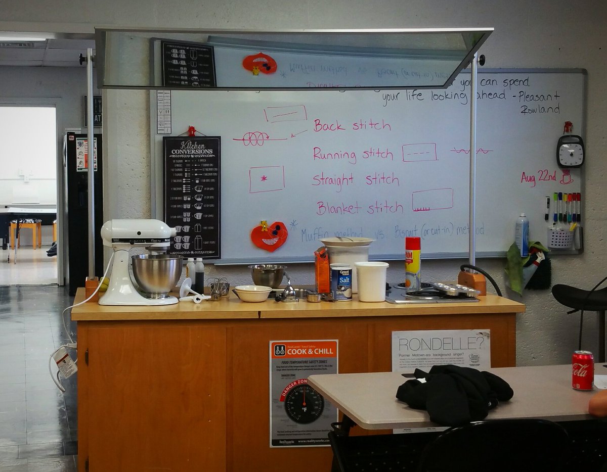 AnuGodsey's tweet image. Today marked the start of cooking/baking for this semester.  Demo table ready for #muffinmethod #vatfacs #teaching banana muffins. #theraiderway