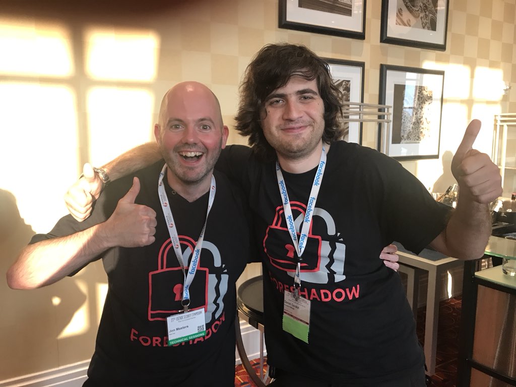 jonmasters's tweet photo. The #Foreshadow talk at @USENIXSecurity was excellent, as were the talks on #Meltdown , #Spectre , #TLBleed and more ! #usesec18 #L1TF #L1TerminalFault https://t.co/d0kcAhKova