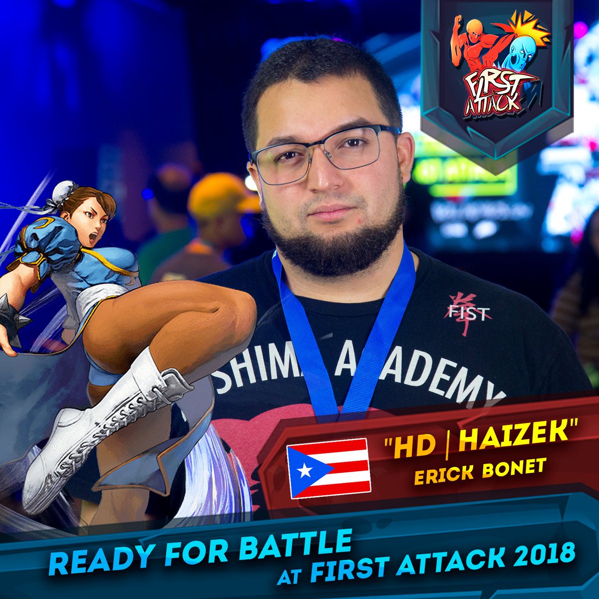 FirstAttackPR's tweet photo. Defending his home turf, we reveal none other than @HaizeK_PR! After placing 13th at #FA2017 he's determined to *kick* the competition at #FirstAttack2018 with his Chun-Li skills! https://t.co/5EvUND4ruB