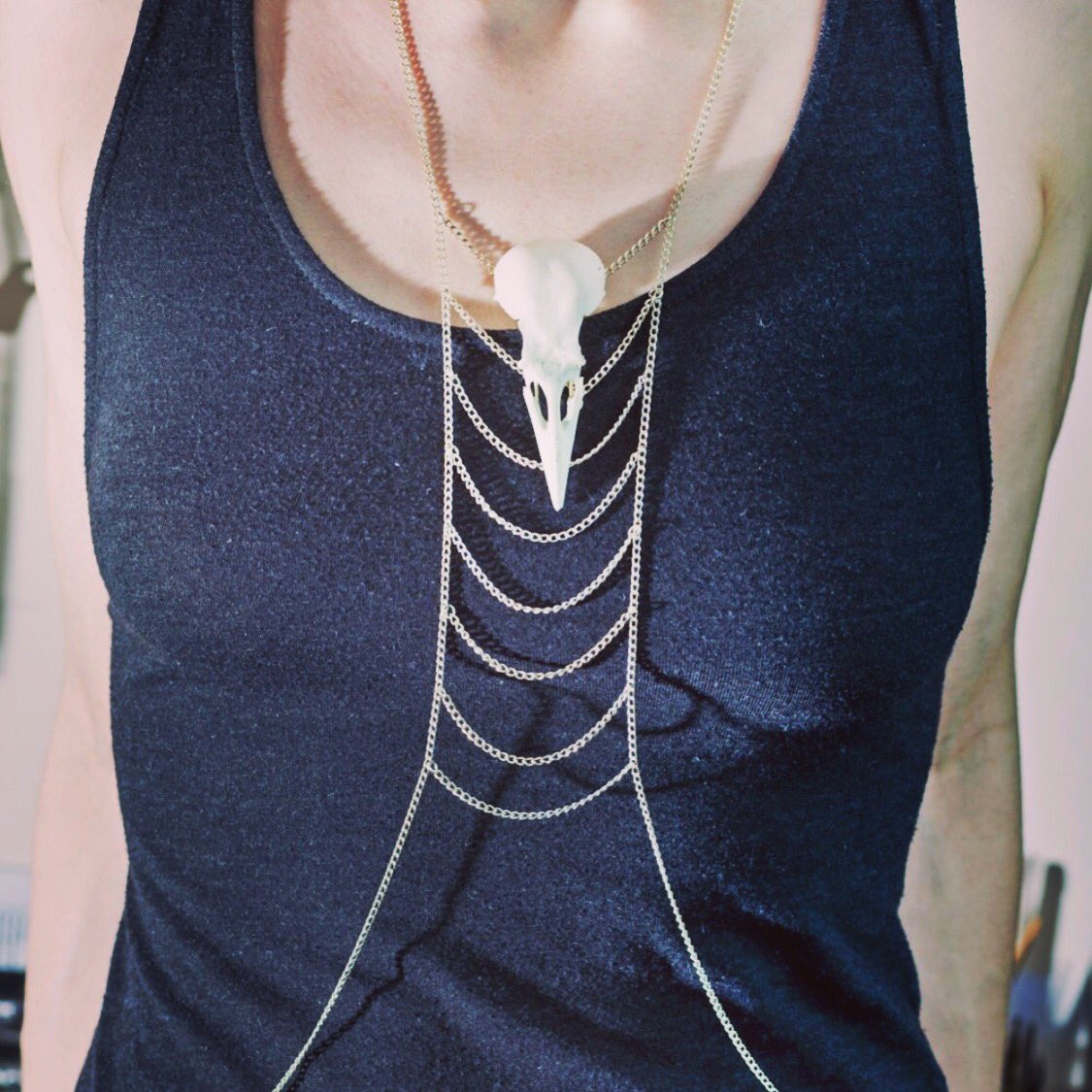 Silver Chainmaille and Crow Skull Body Chain by Virginia the Wolf. $72.30 on Etsy. tinyurl.com/yb38k8m3  #goth #taxidermy #jewelry