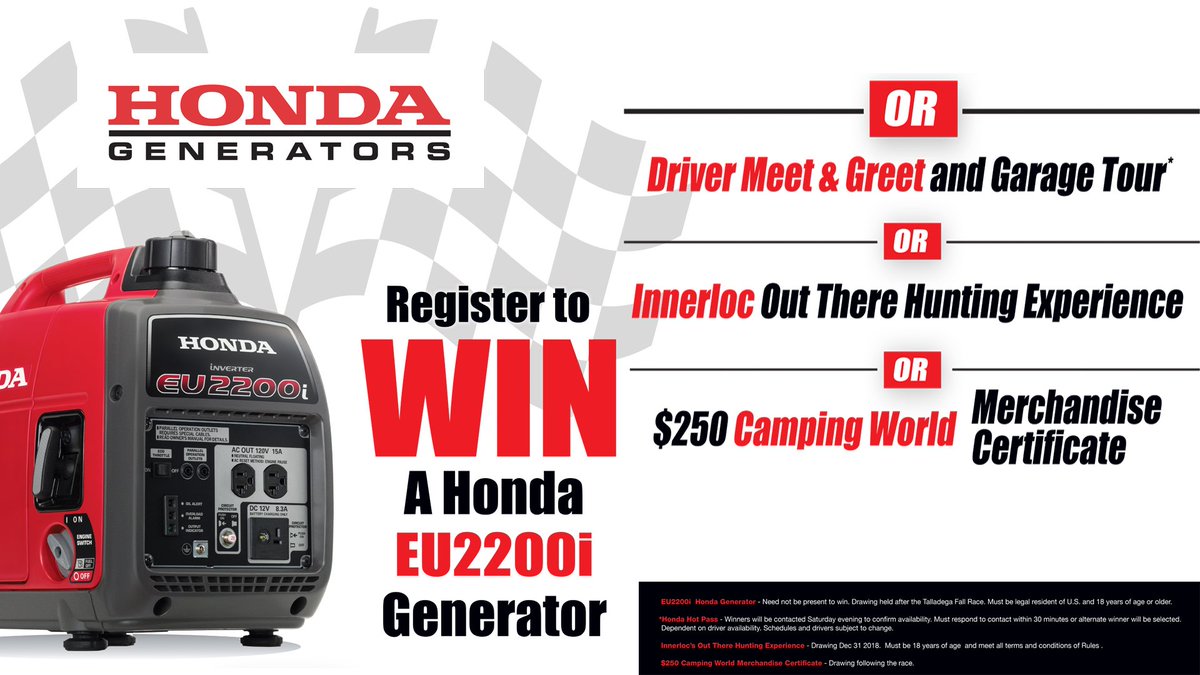 racefancentral's tweet photo. Enter for a shot to win a Honda Generator, meet a NASCAR driver on a garage tour, an Innerloc Hunting Experience, and more here: https://t.co/KyZY0TgJCQ #nascar #winwithism #contest #promotion #sweepstakes #giveaway #free #outdoors #camping #hunting #win #enter #promo https://t.co/uUFhNLE5Ug