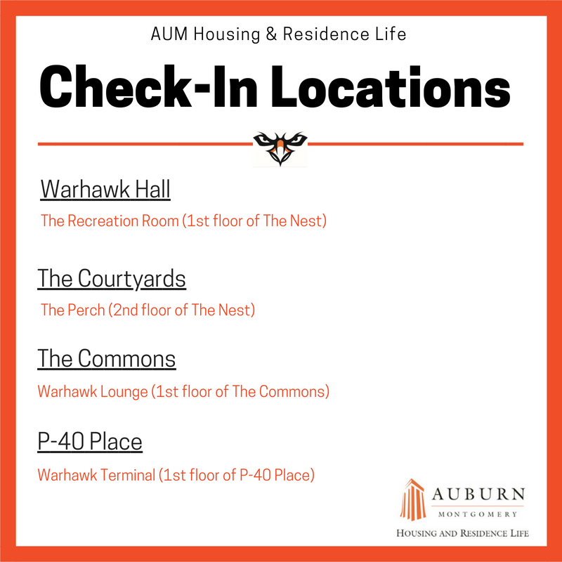 Tomorrow begins an exciting weekend in AUM Housing. We can't wait to see you all! Please see the information below for your check-in location. #MyAUM #AUMResLife #AUMMoveInDay