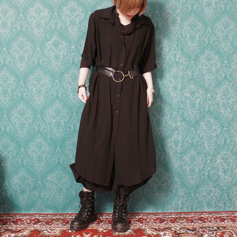 FUNKY FRUIT 配色BIGシャツワンピース(ブラック×ボルドー) 切替ワイドネルシャツワンピース M-L 【メール便対応不可