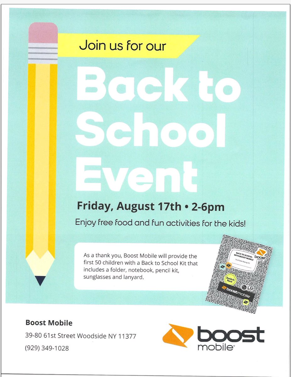 Boost_TonyP's tweet photo. @NYPW_Team #WoodsideQueens Stop by 8/17/2018 from 2 PM - 6 PM @ 39-80 61st St. Woodside • Free giveaways • Special Offers • Raffles • Refreshments &amp; FIRST 50 KIDS GET A FREE BACK TO SCHOOL KIT!!! #BOOSTNYC @JayMiglionico @shawnatspg @SPG_NYC https://t.co/0XYgZCZPPK