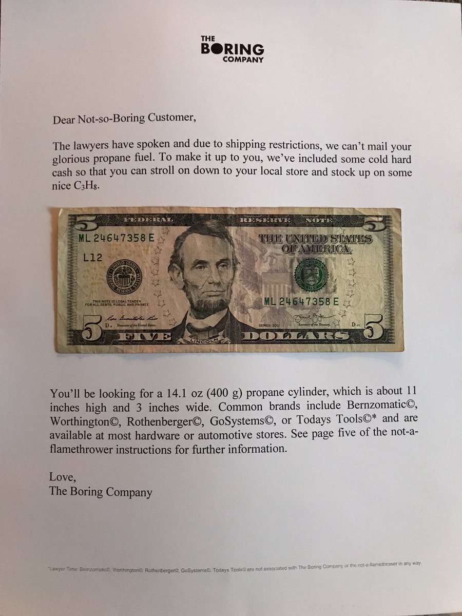 Emmanuel_8C's tweet photo. Christmas came early. Thanks for the $5 missing propane tank sorry note @elonmusk @boringcompany 

I’ll be framing it next to my college degree. https://t.co/KDZtyJhmiS