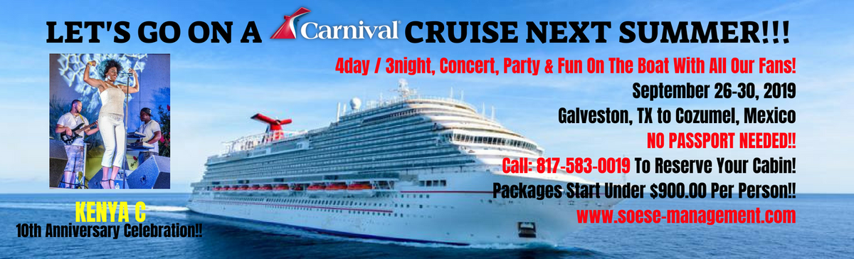 tamconsulting's tweet photo. LET'S GO ON A CARNIVAL CRUISE NEXT SUMMER!
https://t.co/Hpe7h4xf7J
AHYONZ featuring KENYA C
Celebrating 10 Years In The Music Biz
September 26-30, 2019 - Galveston, TX to Cozumel, Mexico
NO PASSPORT NEEDED!!
Login To Our Website For All Info:
https://t.co/X1fqDtdtaD
817-583-0019 https://t.co/wTa28ItUcq