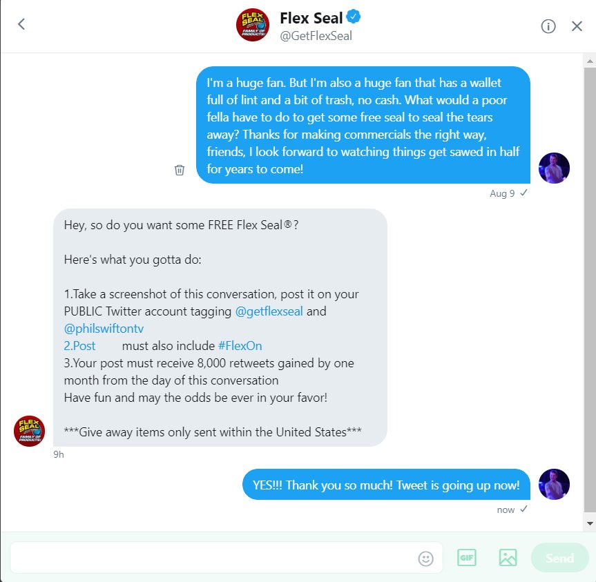 heyyyitszach's tweet image. I&apos;M BOUTTA GET SOME FREE #FLEXSEAL!!! JUST NEED A LIL HELP FROM YOU LOVELY PEOPLE:

PLEASE RETWEET THIS!! AND GO FOLLOW @philswiftontv &apos;CAUSE HE IS AWESOME! I NEED 8,000 AWESOME MOTHERFLEXING PEOPLE TO HELP ME OUT HERE AND GIVE ME FREE FLEXSEAL! THANK YOU!!! @GetFlexSeal #FlexOn