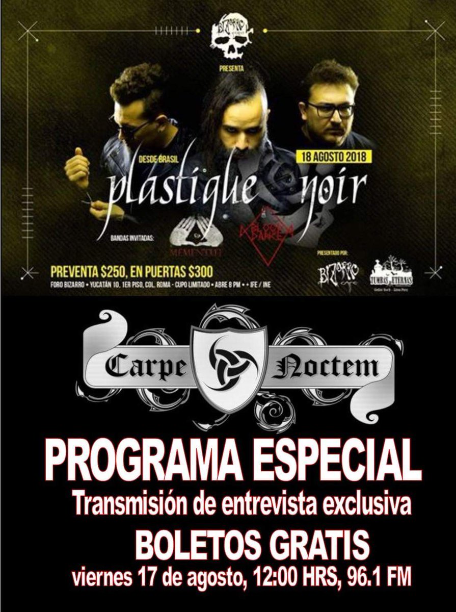 Esta noche en <a href="/CarpeNoctemR/">Carpe Noctem Radio</a> 

Entrevista con la banda brasileña Plastique Noire previo a su presentación en el @bizarrocafe 

Escuchanos por el 96.1 de FM a las 23.55 hrs  

<a href="/RadioUNAM/">Radio UNAM</a> 
<a href="/CulturaUNAM/">CulturaUNAM</a>