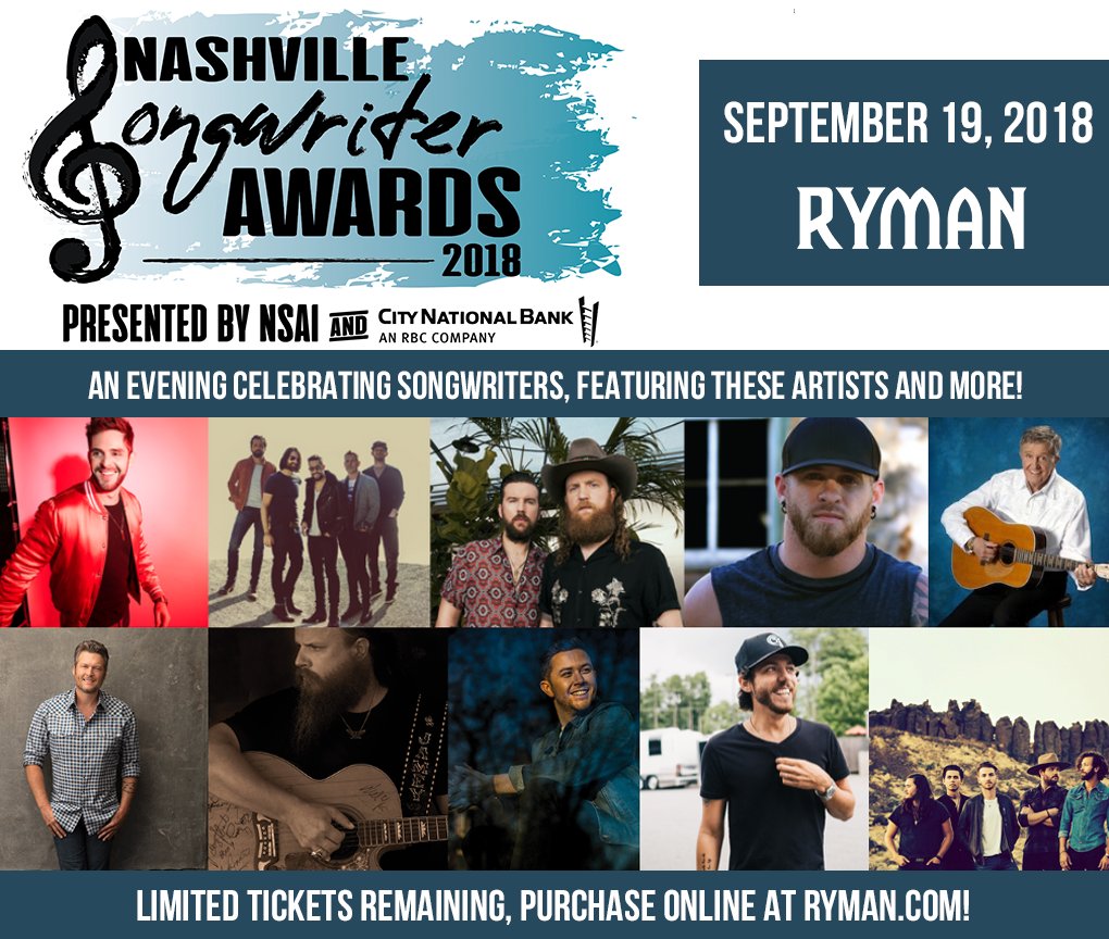 NSAIofficial's tweet photo. THOMAS RHETT, OLD DOMINION, BROTHERS OSBORNE AND BRANTLEY GILBERT ADDED TO LIST OF PERFORMERS JOINING THE NASHVILLE SONGWRITER AWARDS! - More info here: https://t.co/RZZdW3g11V Tix here: https://t.co/sufVu4n6ve https://t.co/lv4emfQ1Vx