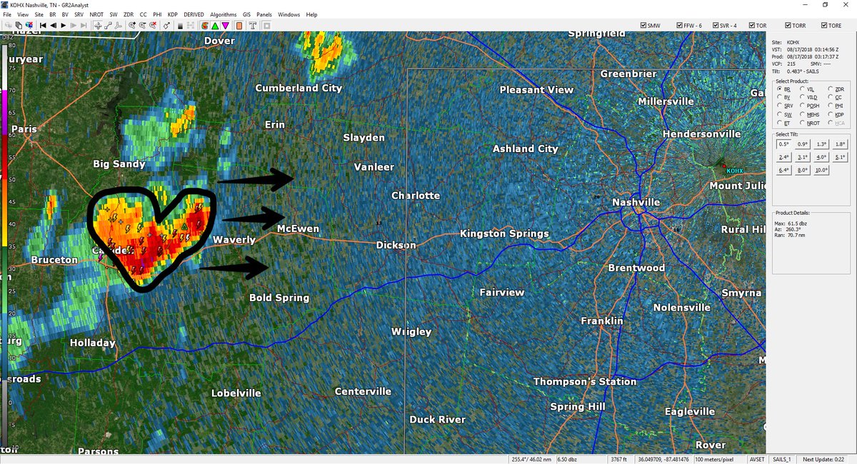 NashSevereWx's tweet photo. Another heart shaped thunderstorm out west. HRRR doesn't think it'll make it here, but if it does, expect it around/after midnight. Radar from 10:17 PM. https://t.co/w5TeWAWFO2