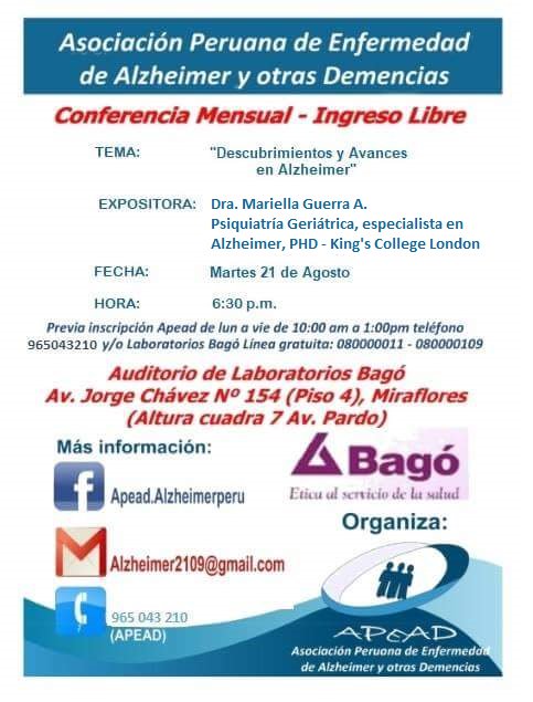 APEADPERU (@apeadperu) on Twitter photo #ConferenciaMensual #APEAD martes 21 de agosto, tenemos una cita para hablar acerca de: "Descubrimientos y avances en Alzheimer" con la Dra. Mariella Guerra <a href="/1066mariella/">MARIELLA GUERRA</a>
Los esperamos. #ConferenciaMensual #APEAD martes 21 de agosto, tenemos una cita para hablar acerca de: "Descubrimientos y avances en Alzheimer" con la Dra. Mariella Guerra <a href="/1066mariella/">MARIELLA GUERRA</a>
Los esperamos.
