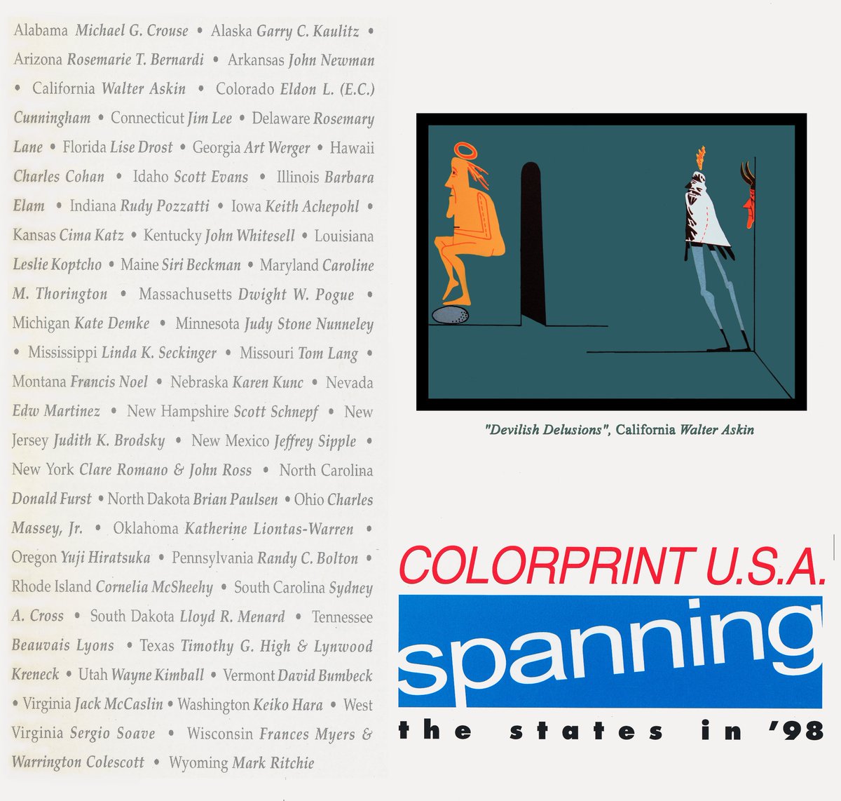 WalterAskin's tweet photo. Colorprint USA Spanning the States in '98 - "Devilish Delusions" #WalterAskin #colorprintusa #lithograph #byumoa #warringtoncolescott #beauvaislyons #atSAAM #RenwickGallery #NationalGalleryofArt #sfmoma #MOMA #deyoungmuseum #NortonSimon #whitneymuseum #guggenheim #LAPrintmaking https://t.co/QylWYBZEO7