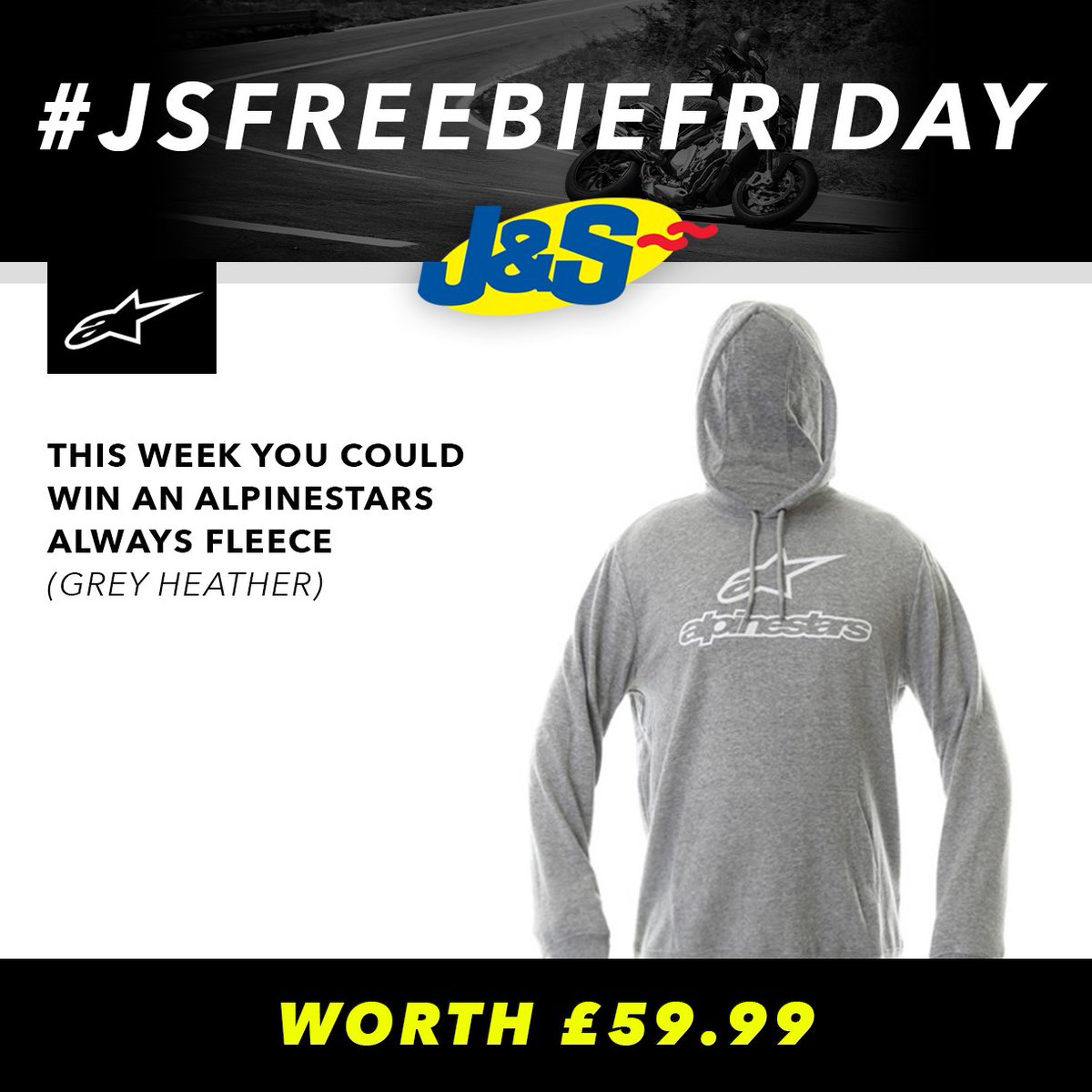 #JSFREEBIEFRIDAY Follow us &amp; retweet this for a chance to win an Alpinestars Always Fleece in Grey Heather worth £59.99. Ends Tues August 21st. You can also enter by signing up to our newsletter here: ow.ly/ZJEk30iZs1U Happy Friday everyone! ow.ly/556U30lnP9p