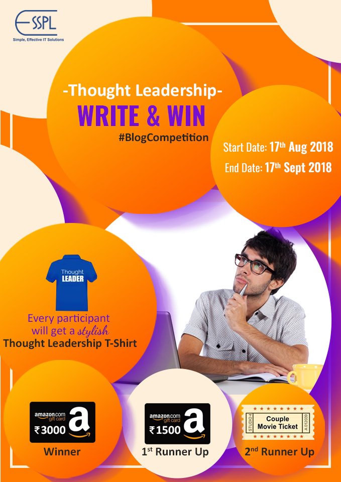 ESSPLcom's tweet photo. Hi #ESSPLFamily, The Wait Gets Over. Here We Are With Some Food For Your Brain: #ThoughtLeadershipContest2018
You Can Now Pen Down Your Passion, Get It Published On ESSPL Blog & Win Exciting Prizes. Find The Details In Your Mailbox ASAP. #BlogCompetition #StartsToday #ESSPL https://t.co/8Rw1xEr0aw
