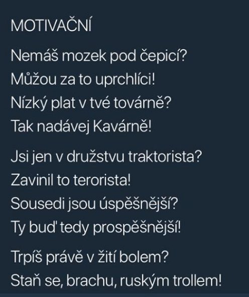 Motivační via básník <a href="/1pohled/">Jiří Karásek V4CZexit #RuskoJeHovno#nechciruskýmír</a>