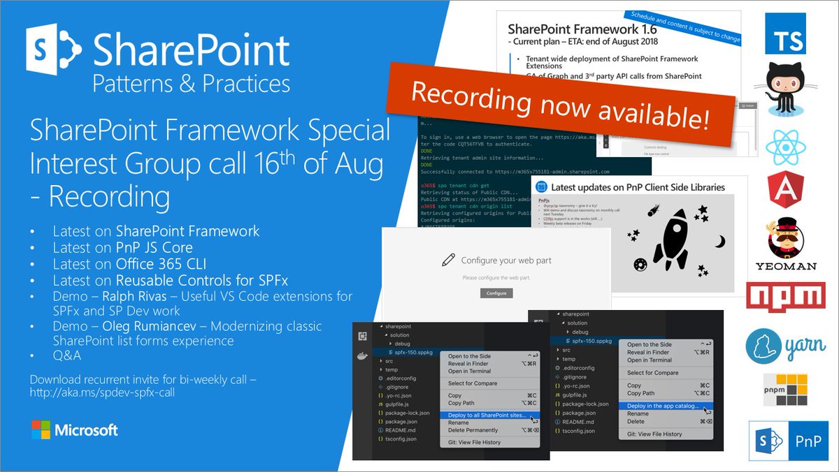 vesajuvonen's tweet image. Recording of the latest #SharePoint PnP community call from 16th of August. Latest development news on #SPFx, #PnPjs, #Office365CLI and reusable controls. Community demos on VS Code tooling for SP dev and creating custom list forms techcommunity.microsoft.com/t5/SharePoint-… #Office365dev