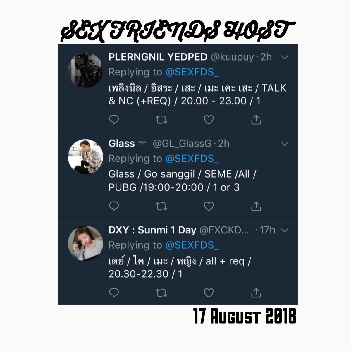 SEXFDS_'s tweet photo. 🔥SEXFRIENDS #SEXFDSx 
            🗓 17.08.2018

 👉🏻 มาจองโฮสต์เพื่อนไปเล่นด้วยสิครับ มีทั้ง sex , pubg , skinship , talk

⏱ OPEN 18:00-21:00

 💌 DM :  @SEXFDS_ ♦️

❌ กรุณาดูแบบฟอร์มการจองก่อนนะครับ ❌

#ยืมเมจforsex #โฮสต์img #ยืมเมจfortalk #ยืมเมจforLB #ยืมเมจforโฮสต์ https://t.co/4zZuiXf903