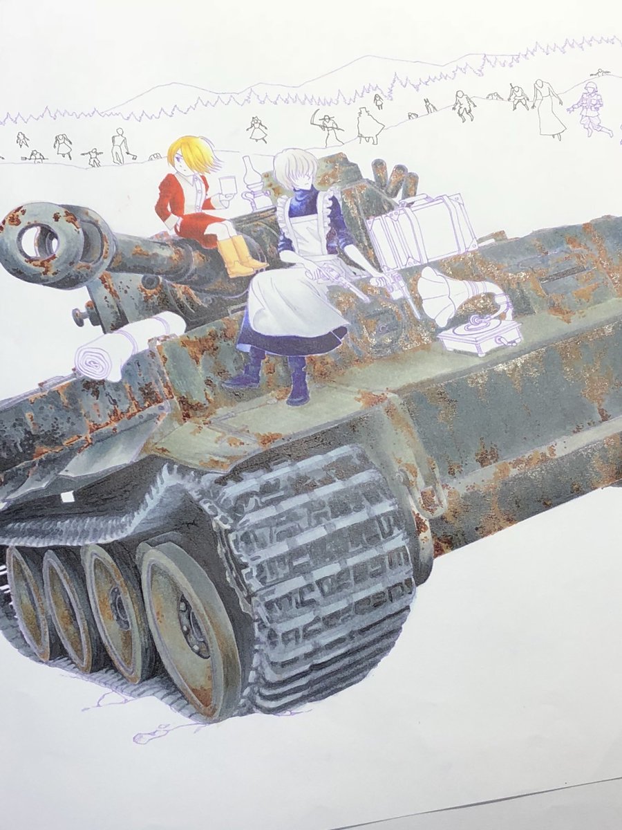 8月23日木曜発売『夜明けの旅団』①のカバーより
ラフ→下描き→ペン入れ(左手に持たせる拳銃を間違えてボツver)→着彩中(コピックスケッチ) 