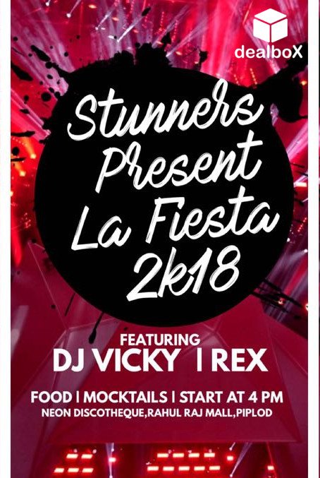 dealboxapp's tweet photo. Stunners presents La Fiesta 2k18 ft. DJ Vicky, happening on 20th August. Come enjoy the DJ Party with your friends along with Free Food and Mocktails.
Buy your tickets now from dealbox app &amp; get 5% Cashback!
Ticket Link: https://t.co/sDXTYAndIw
#dealboX #LaFiesta #DJParty #Surat https://t.co/WM6SAIYt6X
