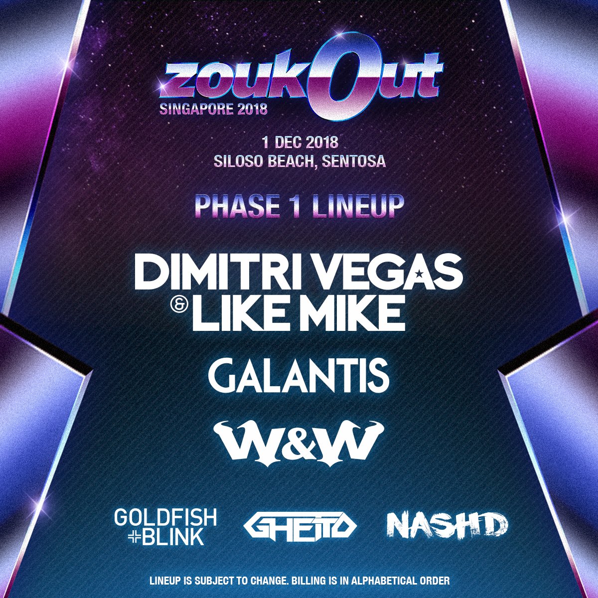 Phase 1 lineup incoming 😈 More names to be announced, keep your eyes peeled 👀 _ Ticket prices go from $148 ► $158 on 18 September. Buy now at ZoukOut.com #ZoukOut2018 #ZoukOutSG