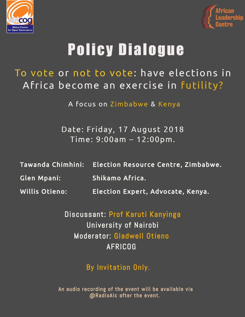 RadioAlc's tweet photo. Happening now: Policy dialogue on the relevance of elections in Africa focusing on recent events in Zimbabwe and Kenya. https://t.co/lEcNjEk3Ms