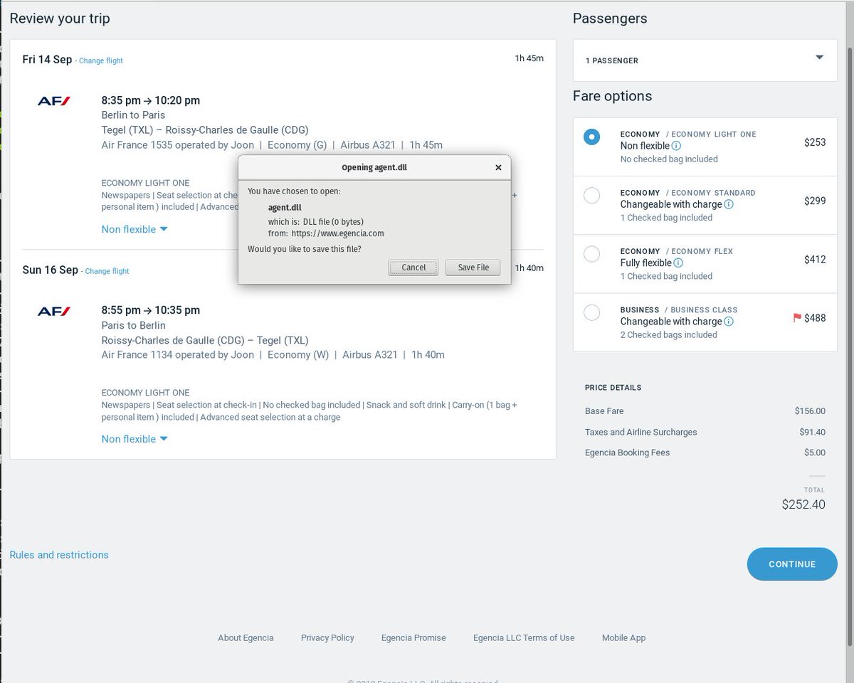 A travel plan, with a popup "opening agent.dll".