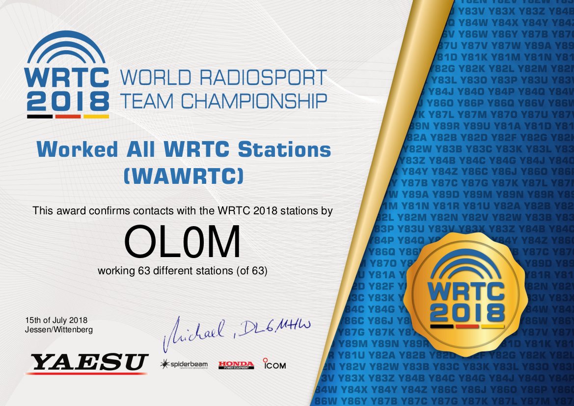 ok1cdj's tweet photo. Nice to get #award for QSO with all 63 WRTC stations...
#wrtc2018 #hamradio #contest https://t.co/QqofNlDx9i