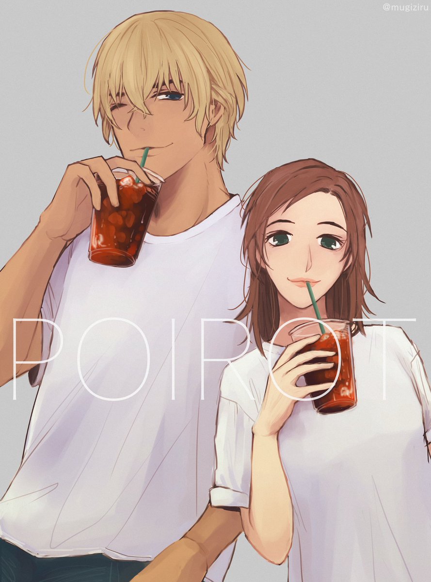 mugiziru's tweet photo. 【あむ+あず/ポアロ組】🍵で同じような格好して同じようなリアクションするのにお互い全然矢印向かない同僚という関係性がかわいいなあというらくがき。あずささんの眉毛太くして髪も短くしてみたけどどうだろ？🤔 https://t.co/BzxkNRGIap