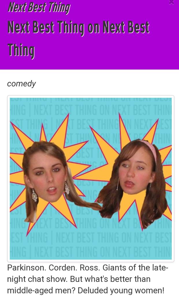 Went to a <a href="/CamdenFringe/">Camden Fringe</a> work in progress of the new show from <a href="/NextBestThingUK/">Next Best Thing</a> last night at <a href="/TheAlbany/">The Albany</a> As always with these two ladies, their dead pan delivery of hilarious lines was spot on. I suggest anyone who can, should get themselves to The Albany for 7pm tonight (Friday)